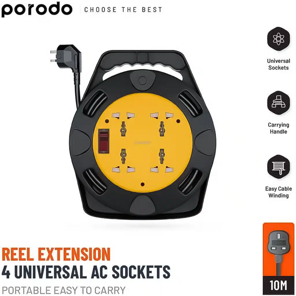 Porodo 4AC Extension Cable Reel with UK Plug (10m Wire) - Black