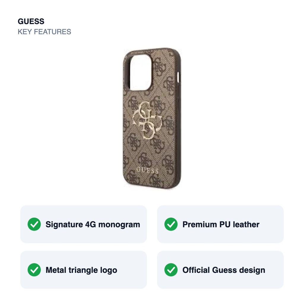 Guess 4G PU Leather Case with Metal Triangle Logo for iPhone 15 Pro / Pro Max – key features