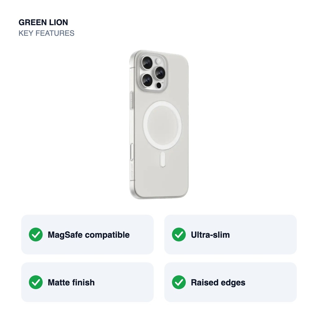 Green Lion Matte Luxe MagSafe Case for iPhone 16 Pro Max – White – key features