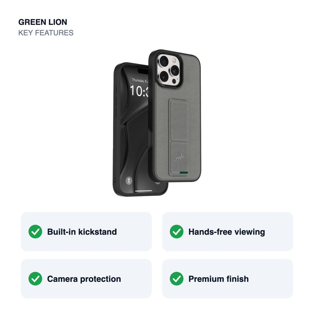 Green Lion Grip-X Kickstand Case for iPhone 16 Pro Max – Gray – key features