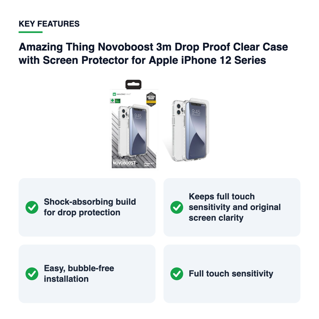 Key features – Amazing Thing Novoboost 3m Drop Proof Clear Case with Screen Protector for Apple