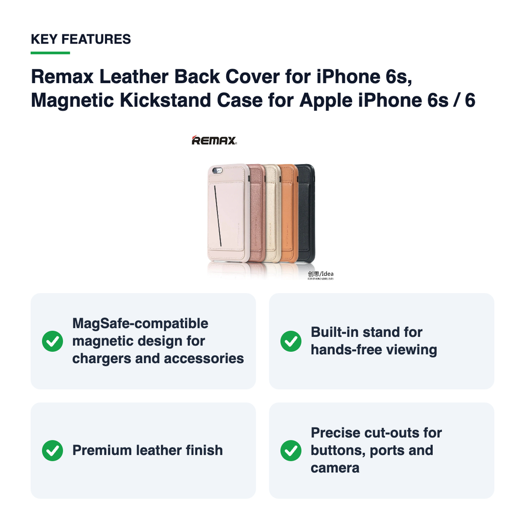 Key features – Remax Leather Back Cover for iPhone 6s, Magnetic Kickstand Case for Apple iPhone