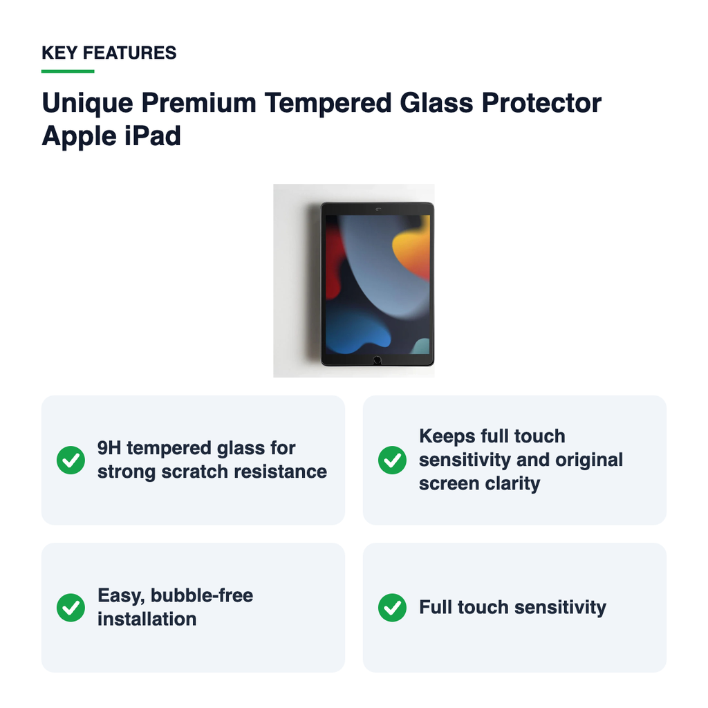 Key features – Unique Premium Tempered Glass Protector Apple iPad