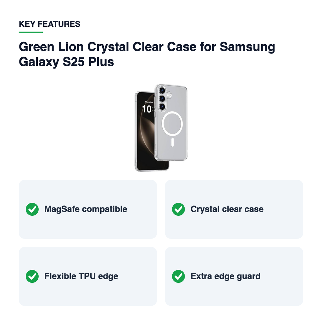 Key features – Green Lion Crystal Clear Case for Samsung Galaxy S25 Plus – Clear