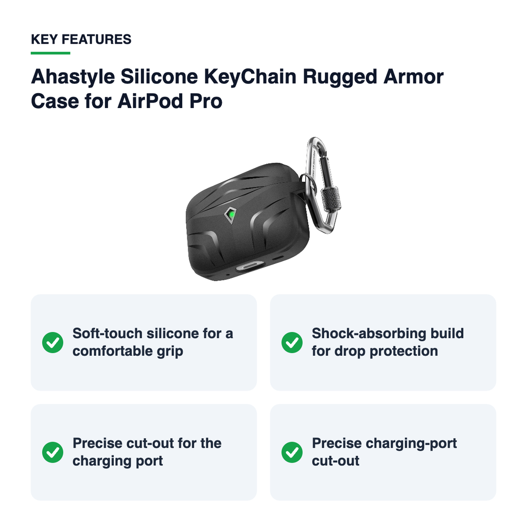 Key features – Ahastyle Silicone KeyChain Rugged Armor Case for AirPod Pro