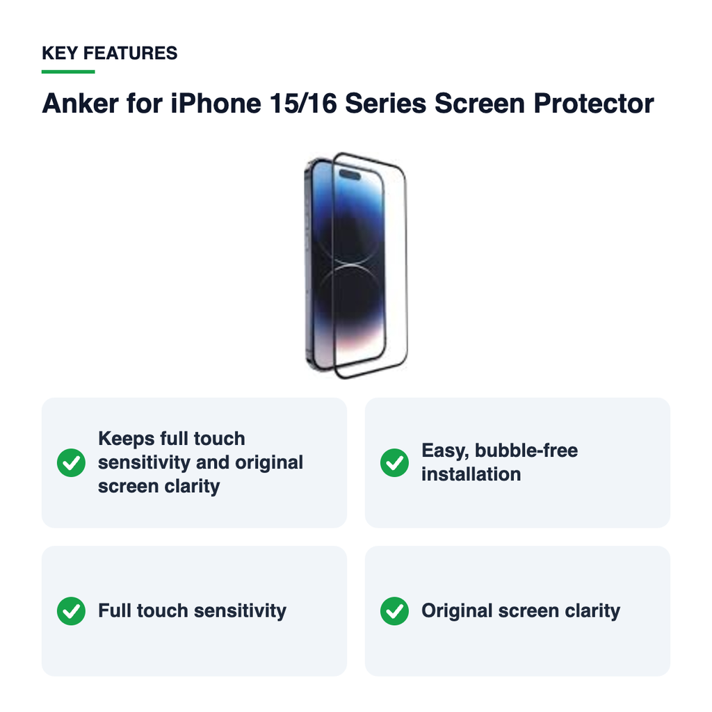 Key features – Anker for iPhone 15/16 Series Screen Protector