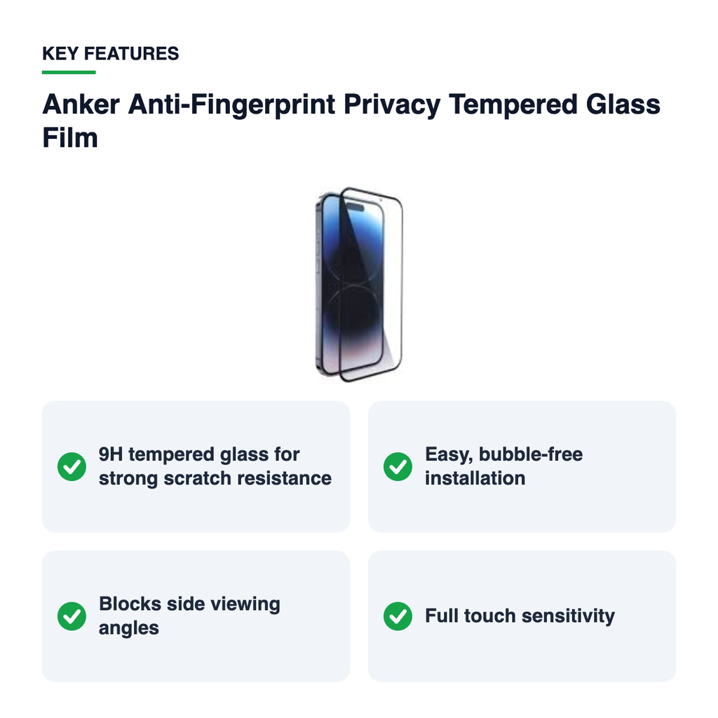 Key features – Anker Anti-Fingerprint Privacy Tempered Glass Film