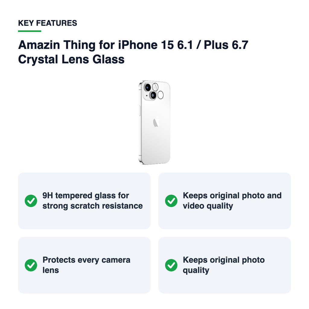 Key features – Amazin Thing for iPhone 15 6.1 / Plus 6.7 Crystal Lens Glass