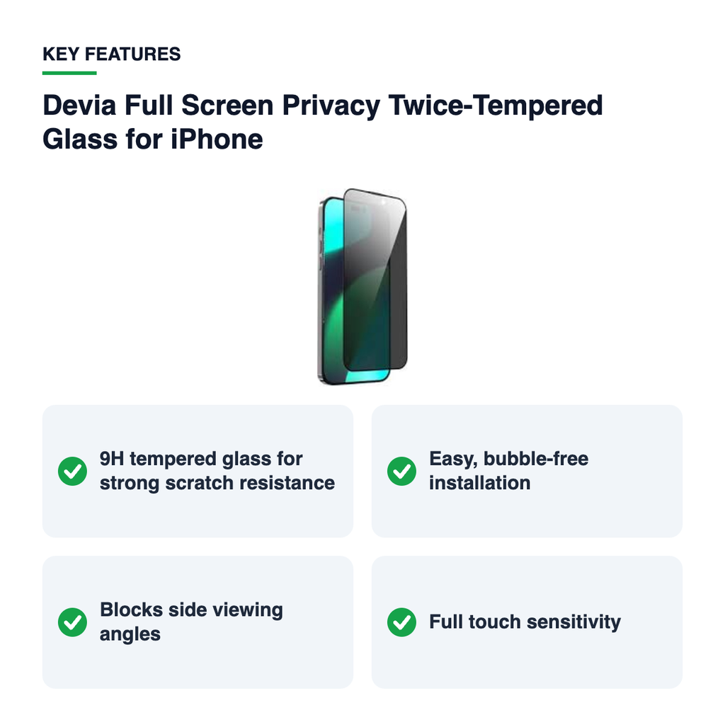 Key features – Devia Full Screen Privacy Twice-Tempered Glass for iPhone