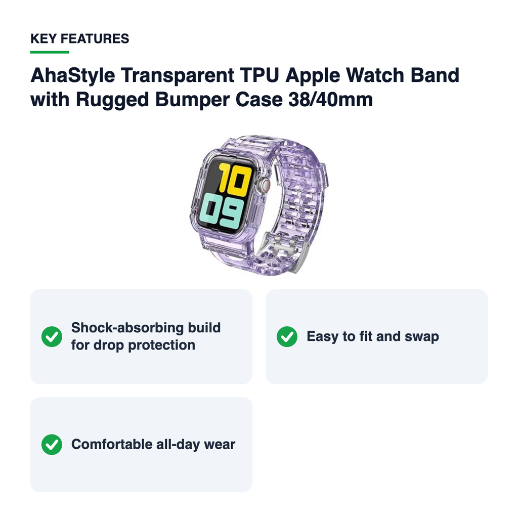 Key features – AhaStyle Transparent TPU Apple Watch Band with Rugged Bumper Case 38/40mm