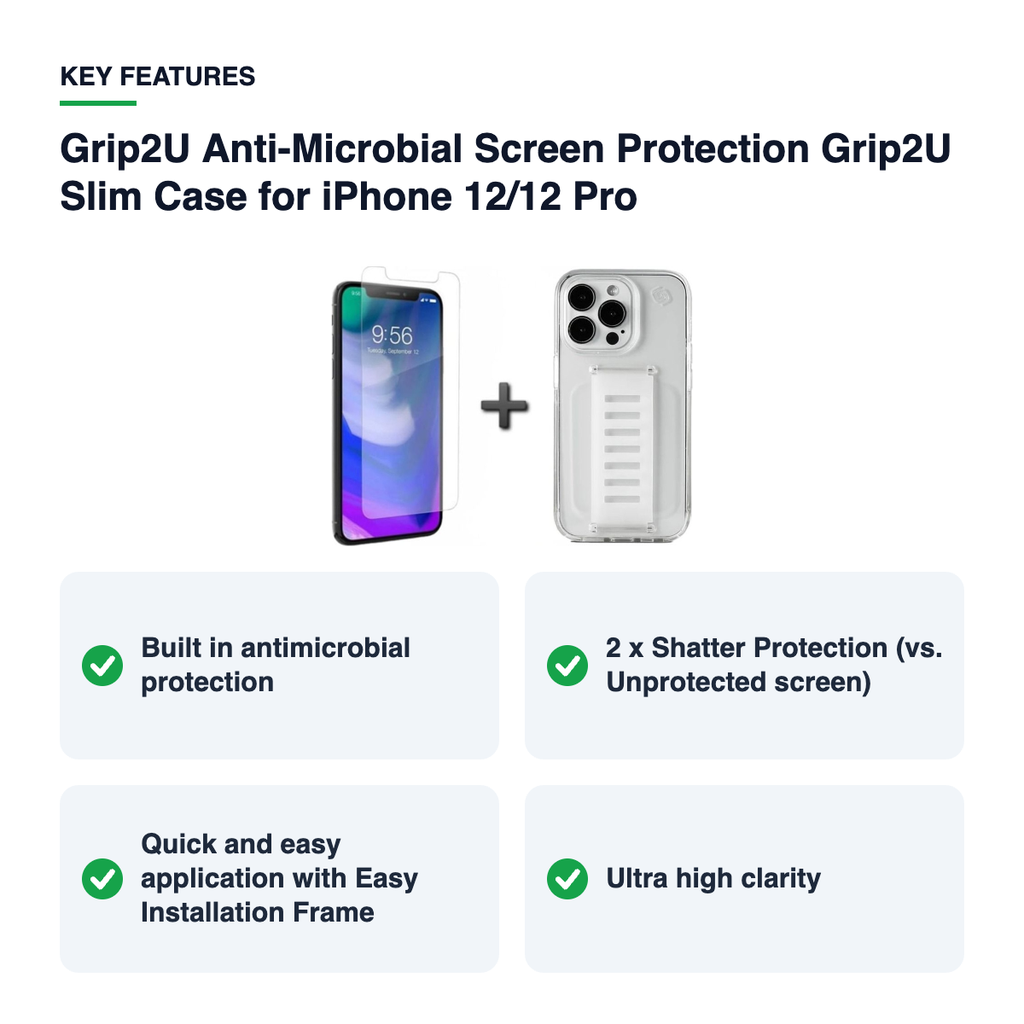 Key features – Grip2U Anti-Microbial Screen Protection Grip2U Slim Case for iPhone 12/12 Pro