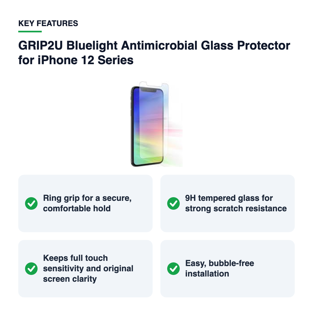 Key features – GRIP2U Bluelight Antimicrobial Glass Protector for iPhone 12 Series
