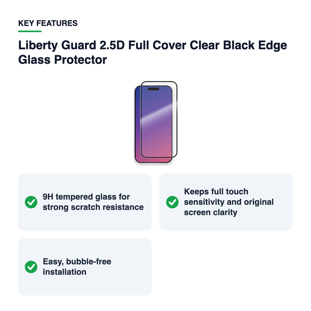 Key features – Liberty Guard 2.5D Full Cover Clear Black Edge Glass Protector