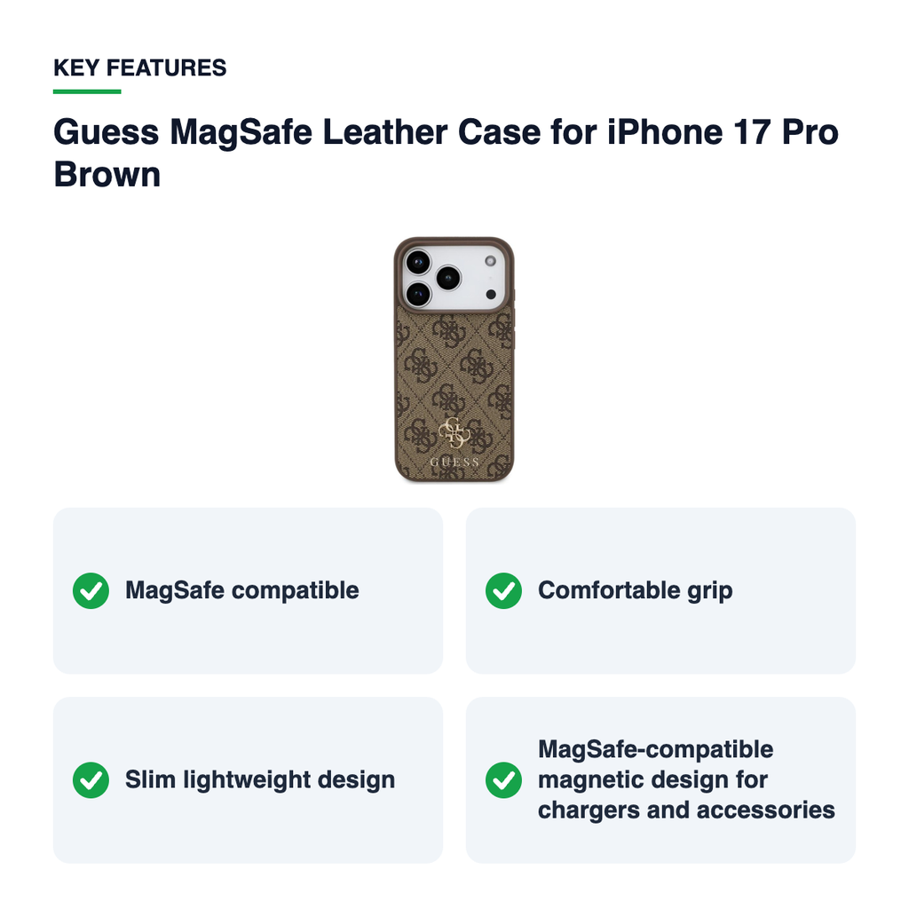 Key features – Guess MagSafe Leather Case for iPhone 17 Pro Brown
