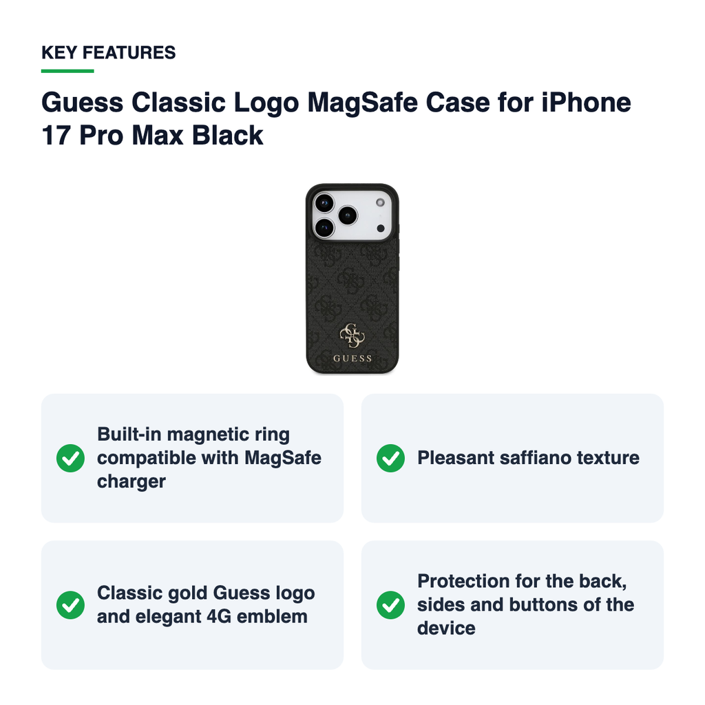 Key features – Guess Classic Logo MagSafe Case for iPhone 17 Pro Max Black