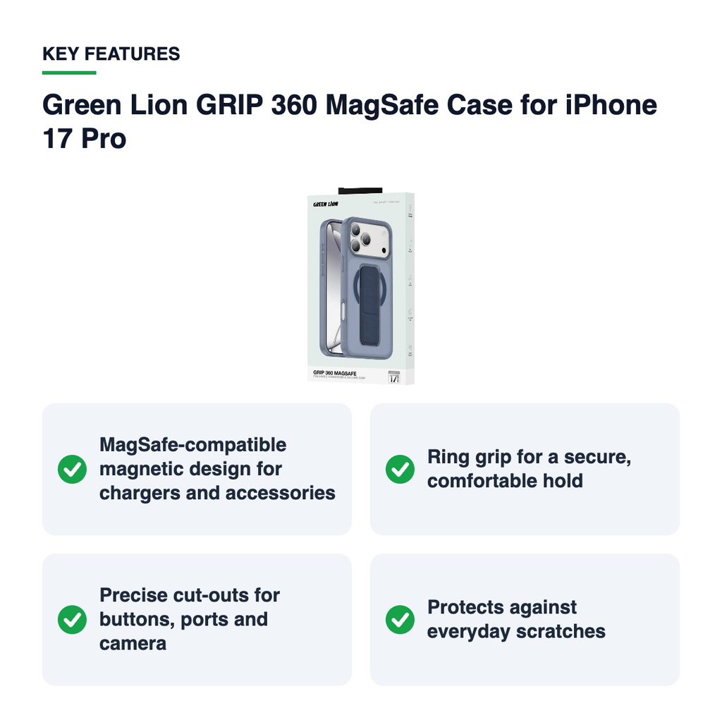 Key features – Green Lion GRIP 360 MagSafe Case for iPhone 17 Pro – Blue