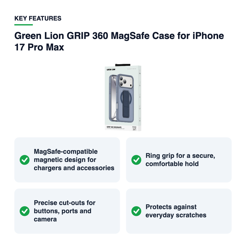Key features – Green Lion GRIP 360 MagSafe Case for iPhone 17 Pro Max – Blue