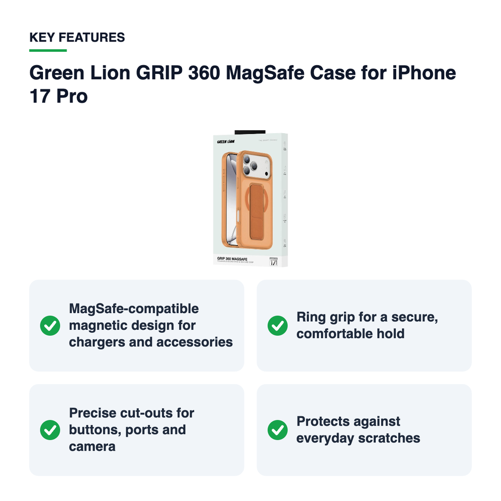 Key features – Green Lion GRIP 360 MagSafe Case for iPhone 17 Pro – Orange