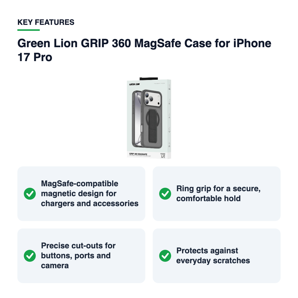 Key features – Green Lion GRIP 360 MagSafe Case for iPhone 17 Pro – Black