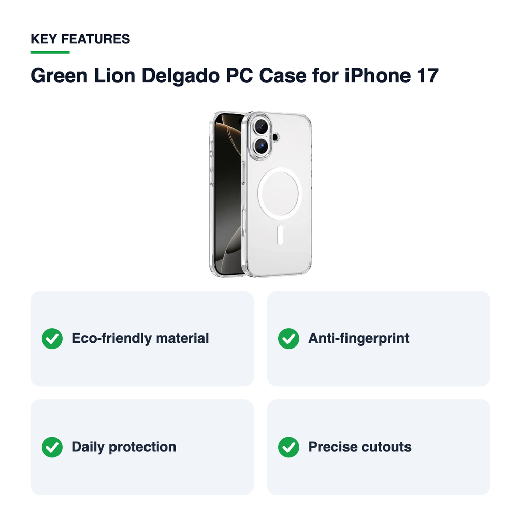 Key features – Green Lion Delgado PC Case for iPhone 17 – Clear