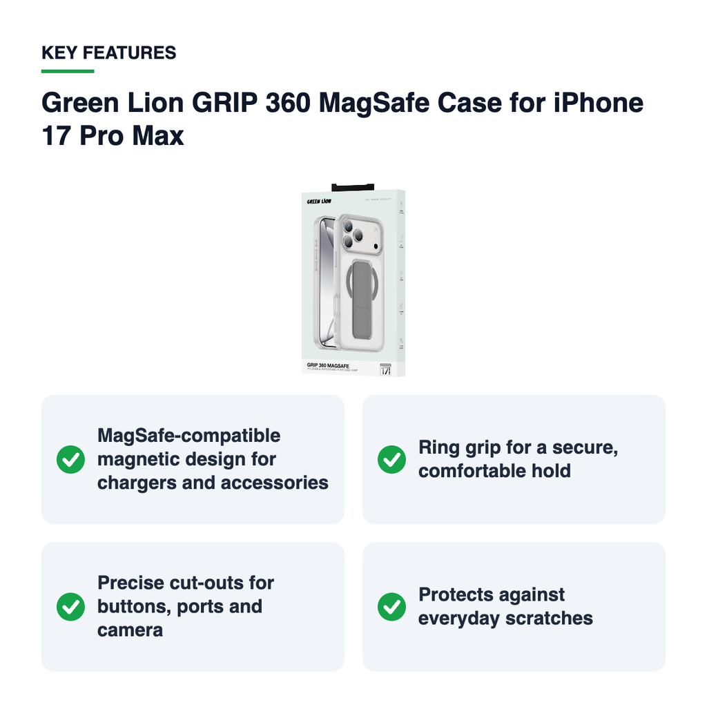 Key features – Green Lion GRIP 360 MagSafe Case for iPhone 17 Pro Max – Silver