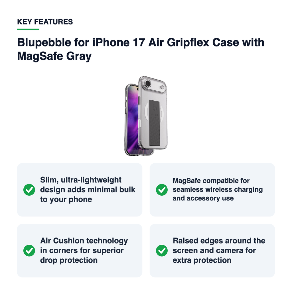 Key features – Blupebble for iPhone 17 Air Gripflex Case with MagSafe Gray
