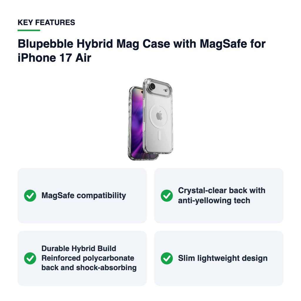Key features – Blupebble Hybrid Mag Case with MagSafe for iPhone 17 Air – Clear