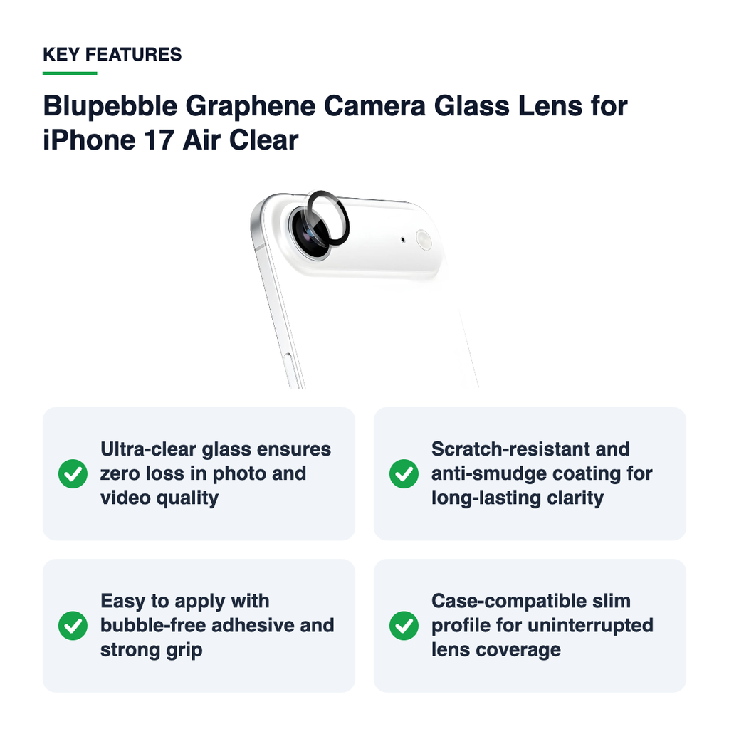 Key features – Blupebble Graphene Camera Glass Lens for iPhone 17 Air Clear
