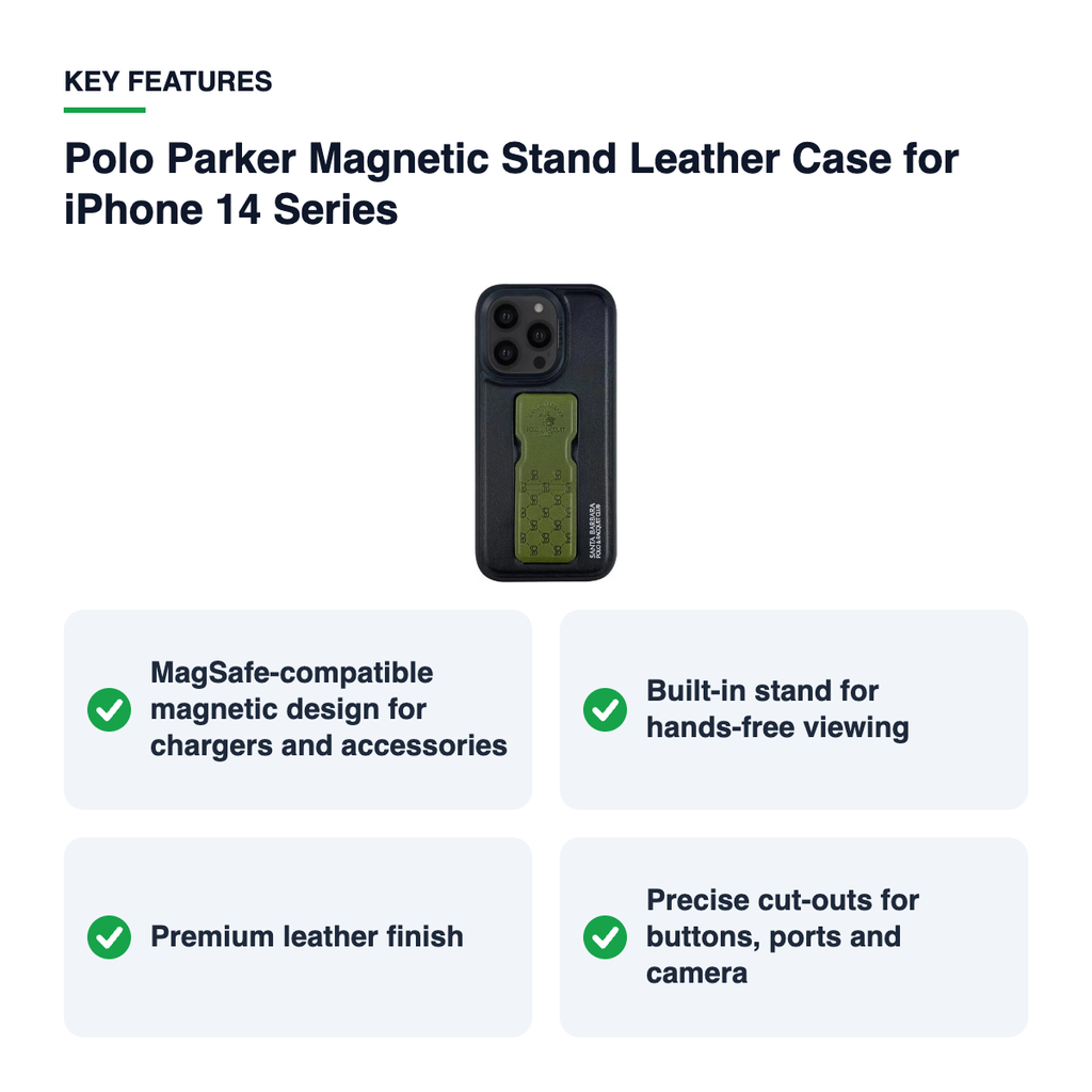 Key features – Polo Parker Magnetic Stand Leather Case for iPhone 14 Series