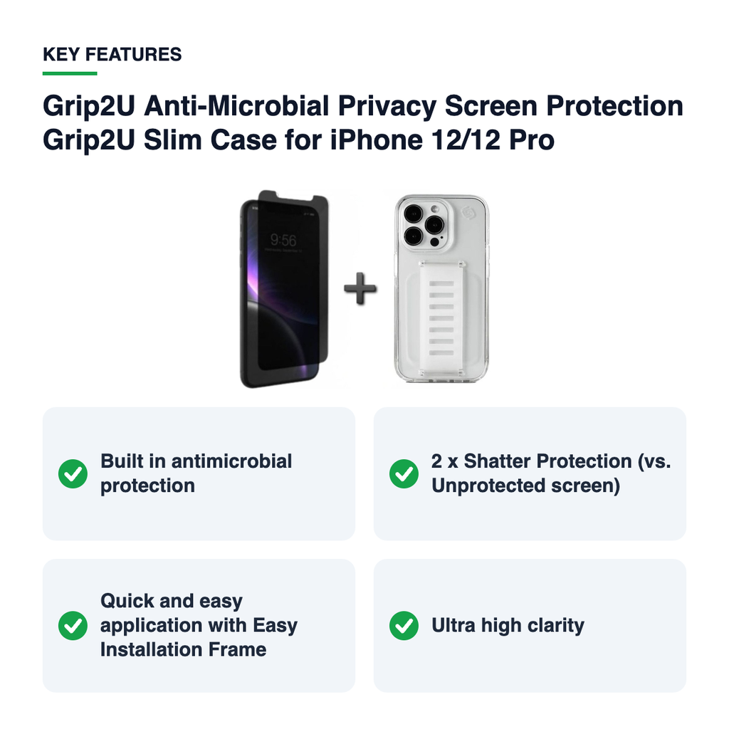 Key features – Grip2U Anti-Microbial Privacy Screen Protection Grip2U Slim Case for iPhone 12/1