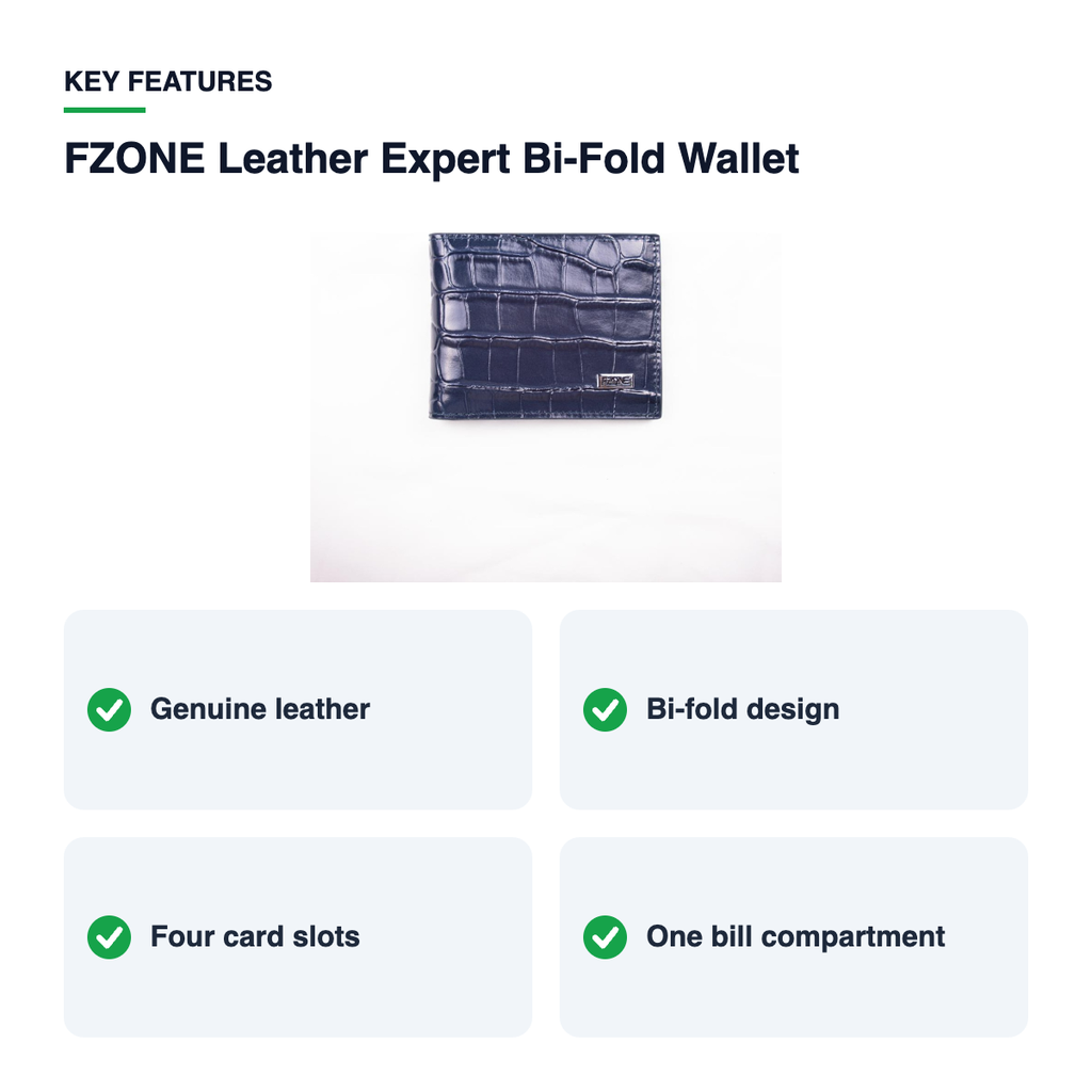 Key features – FZONE Leather Expert Bi-Fold Wallet – Navy Blue