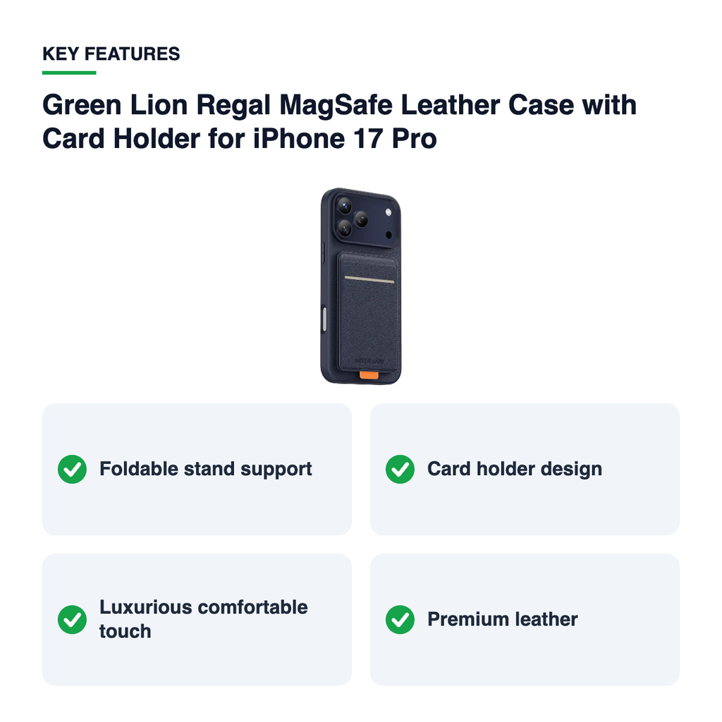 Key features – Green Lion Regal MagSafe Leather Case with Card Holder for iPhone 17 Pro – Deep 