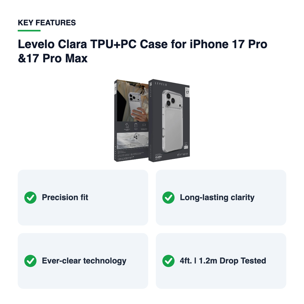 Key features – Levelo Clara TPU+PC Case for iPhone 17 Pro &17 Pro Max
