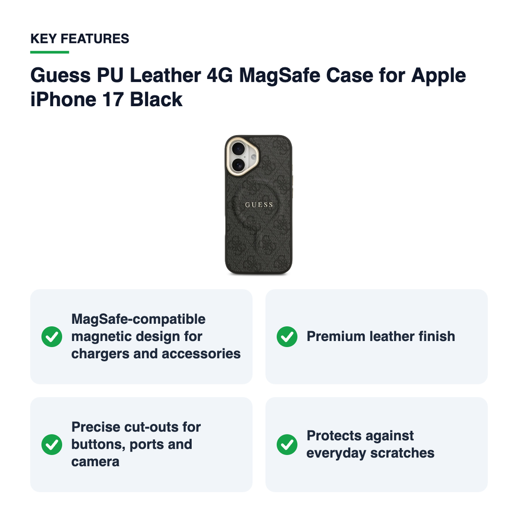 Key features – Guess PU Leather 4G MagSafe Case for Apple iPhone 17 Black