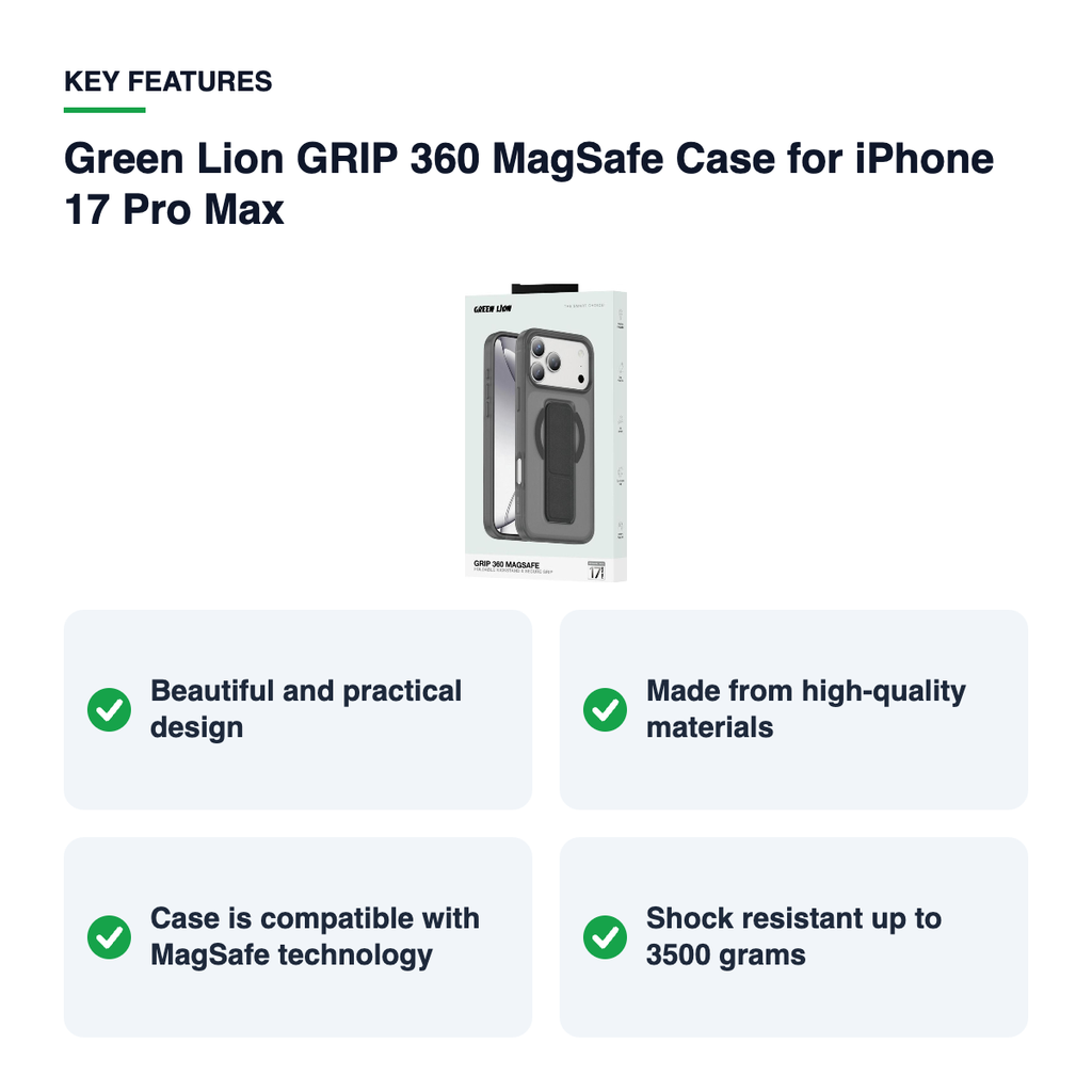 Key features – Green Lion GRIP 360 MagSafe Case for iPhone 17 Pro Max – Black