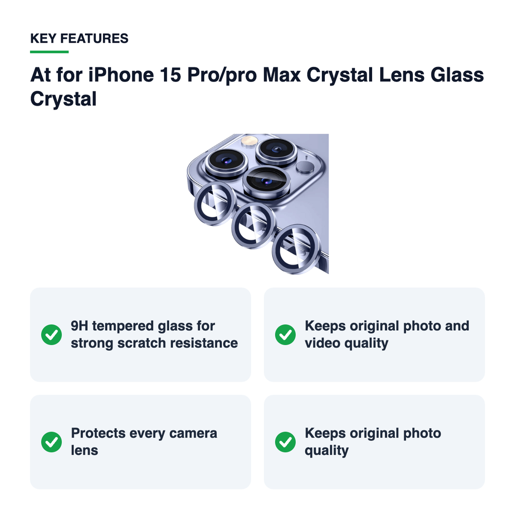 Key features – At for iPhone 15 Pro/pro Max Crystal Lens Glass Crystal