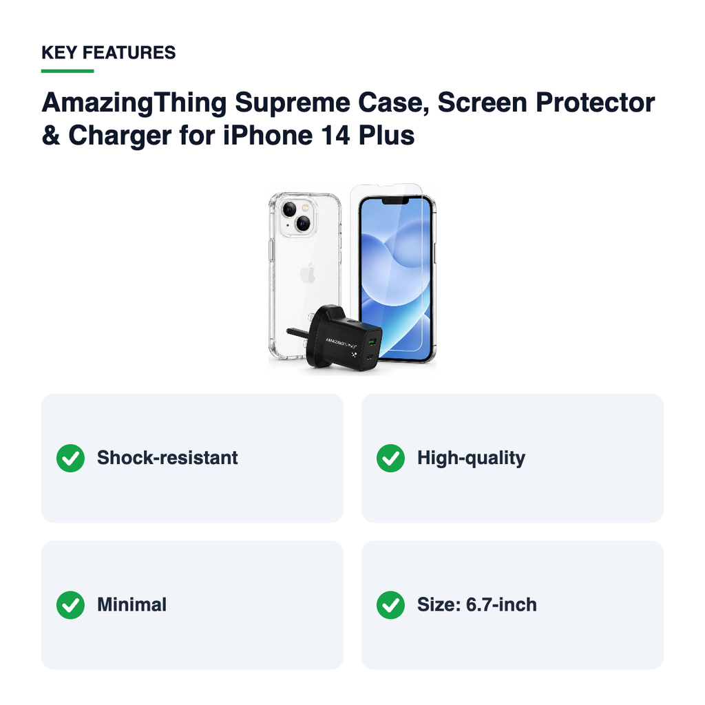 Key features – AmazingThing Supreme Case, Screen Protector & Charger for iPhone 14 Plus