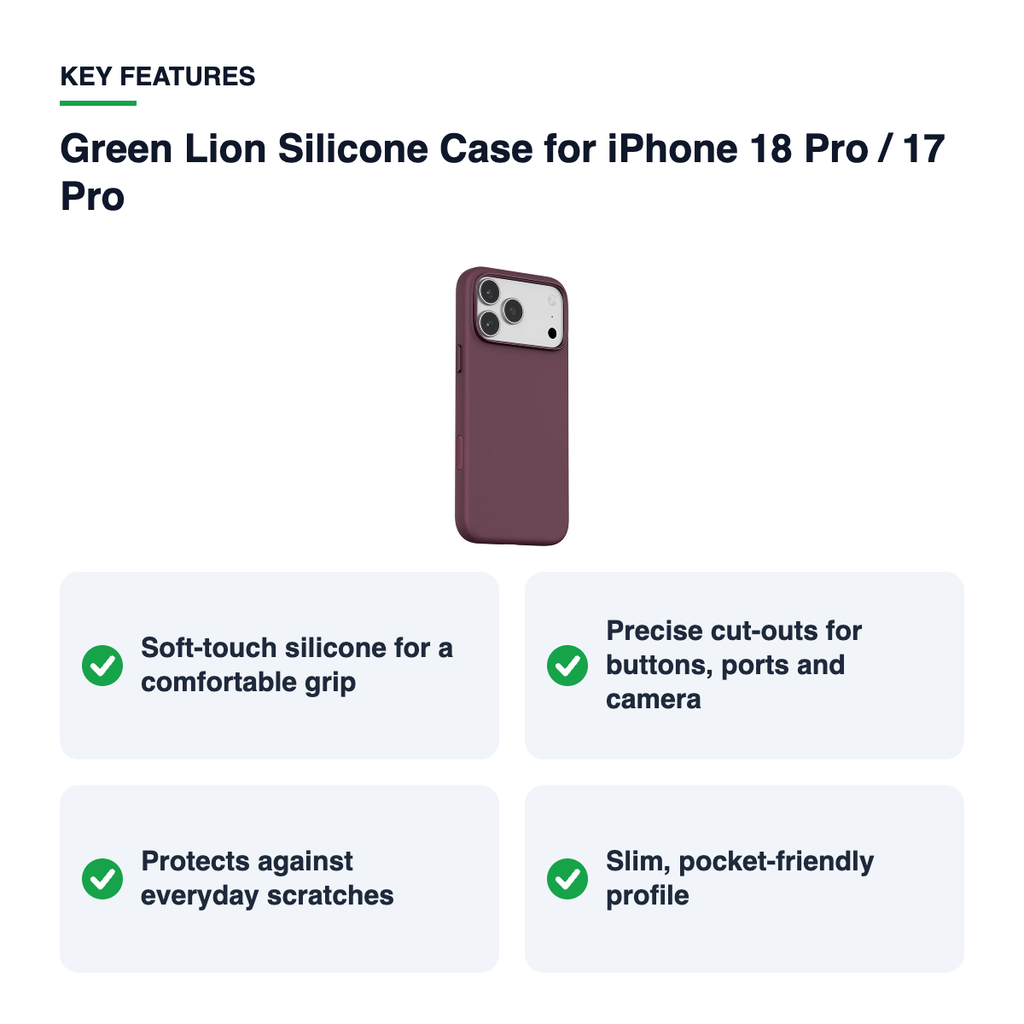 Key features – Green Lion Silicone Case for iPhone 18 Pro / 17 Pro – Burgundy