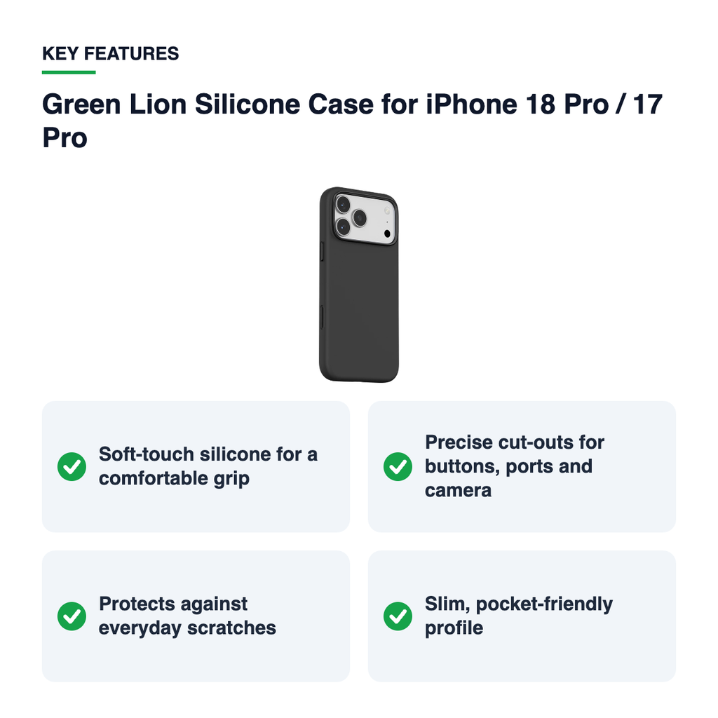 Key features – Green Lion Silicone Case for iPhone 18 Pro / 17 Pro – Black