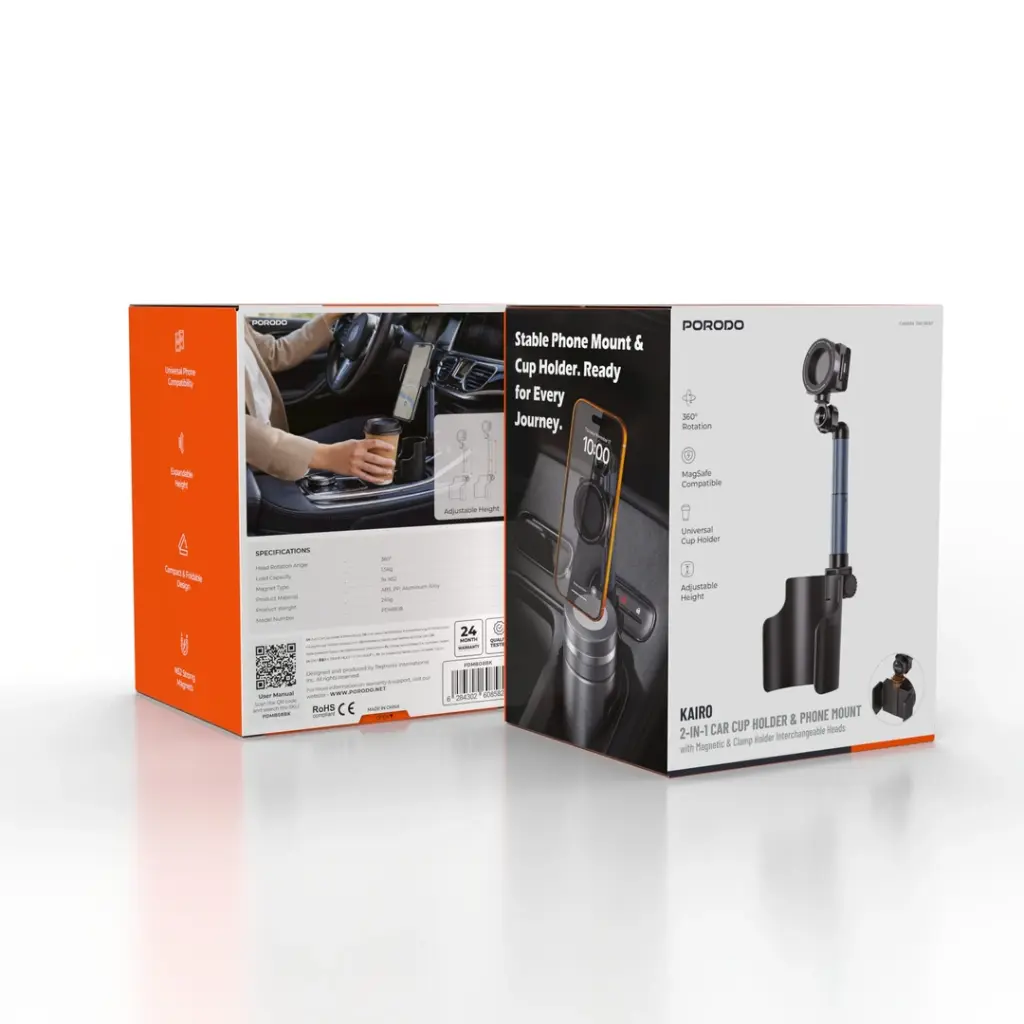 Porodo KAIRO 2-in-1 Car Cup Holder & Phone Mount – Black2.webp