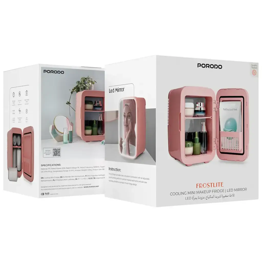 Porodo Frostlite Cooling Mini Makeup Fridge with Led Mirror - Pink4.webp