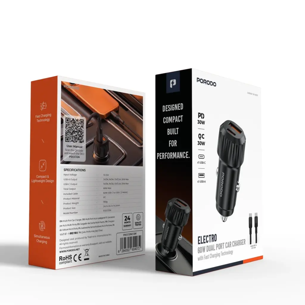 Porodo Electro 60W Dual-Port Car Charger with USB-C to USB-C Cable - View 3