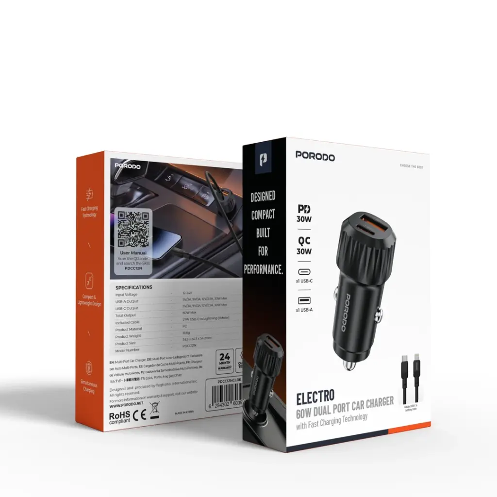 Porodo Electro 60W Dual-Port Car Charger with Lightning Cable - View 3