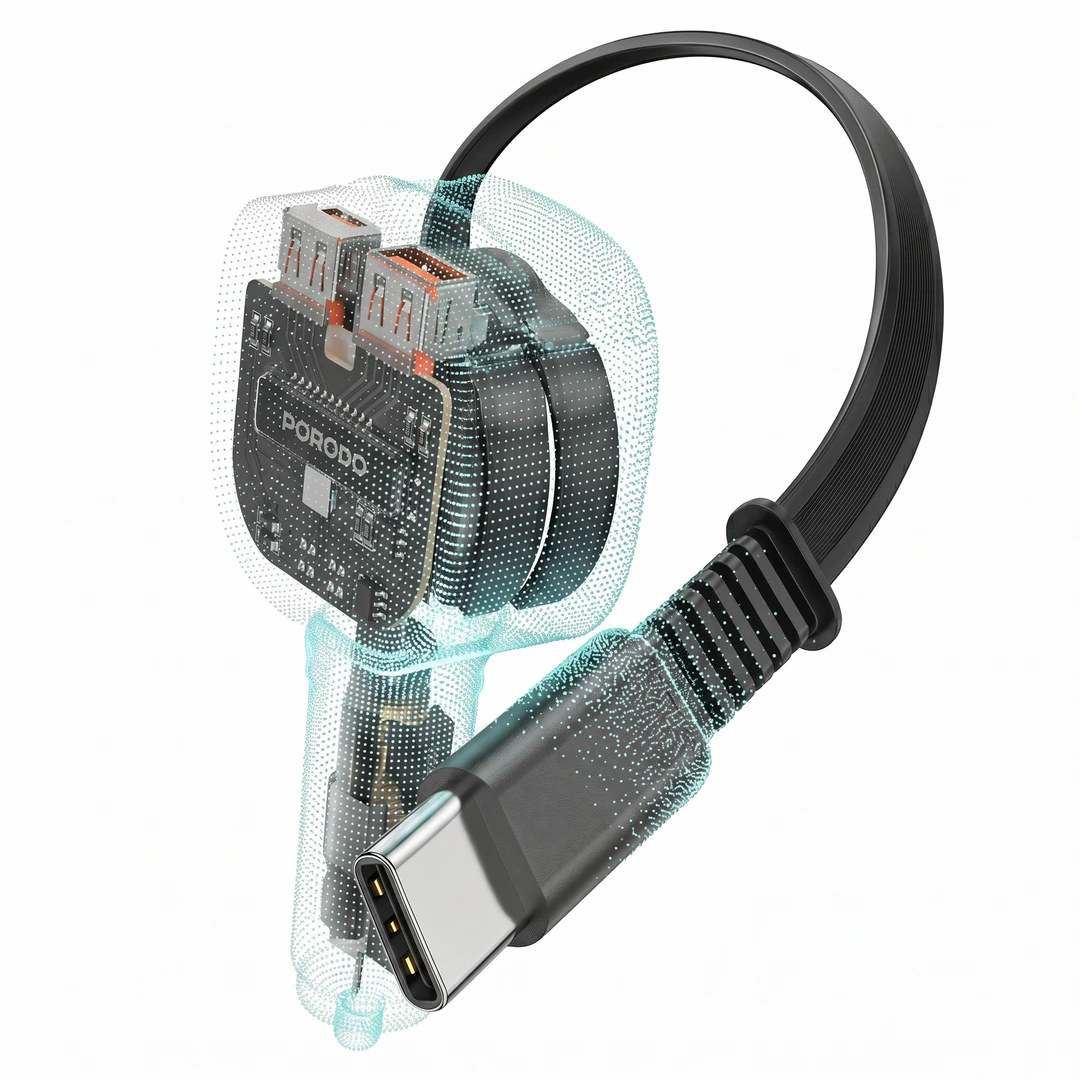 Porodo Cross Multi-Port Car Charger with Integrated USB-C Cable - View 2