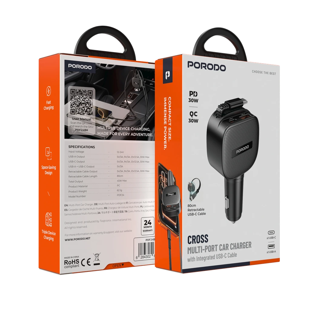 Porodo Cross Multi-Port Car Charger with Integrated USB-C Cable - View 3