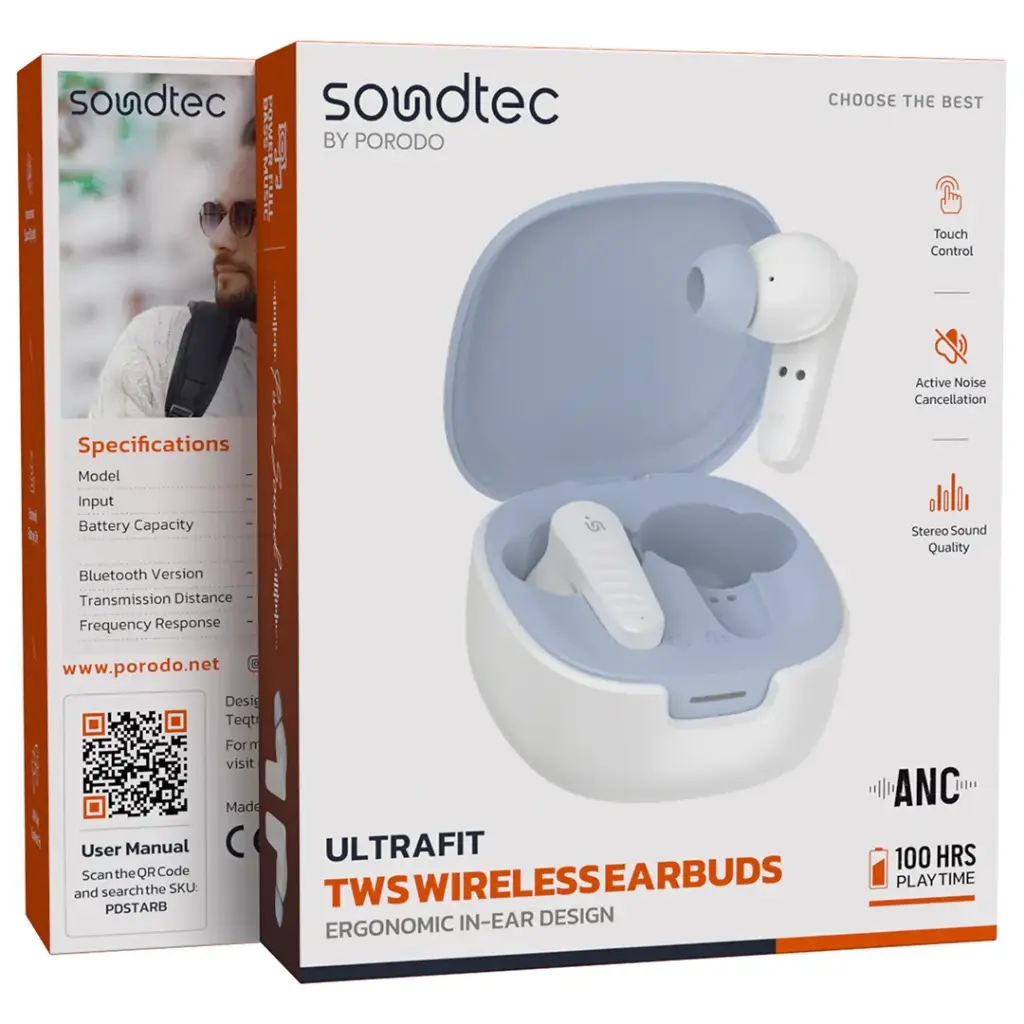 Porodo Soundtec Ultrafit ANC Wireless Earbuds - White - View 5