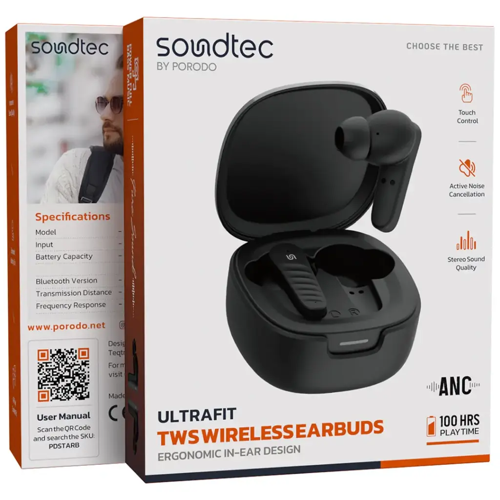 Porodo Soundtec Ultrafit ANC Wireless Earbuds - Black - View 5