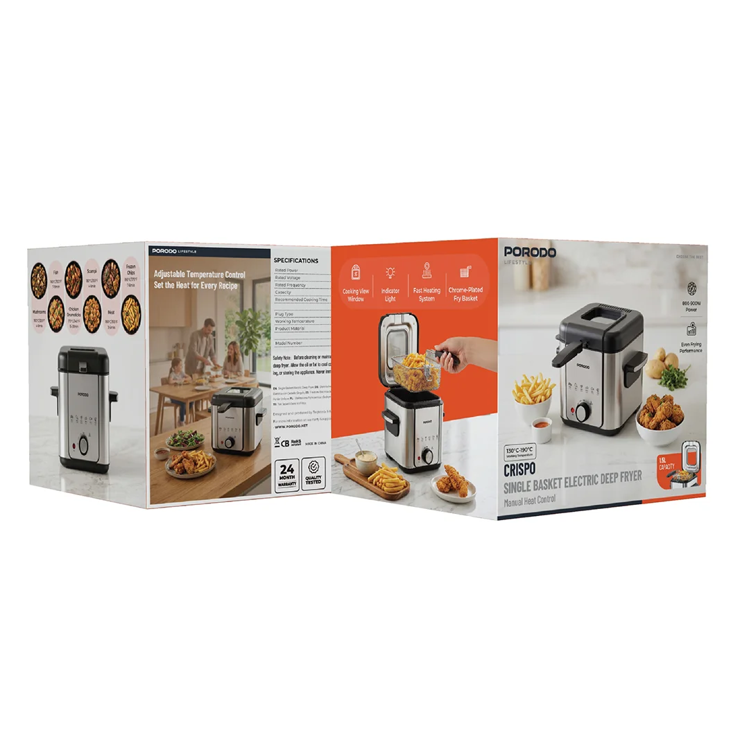 Porodo Lifestyle Crispo 1.5L Electric Deep Fryer - Silver & Black - View 2