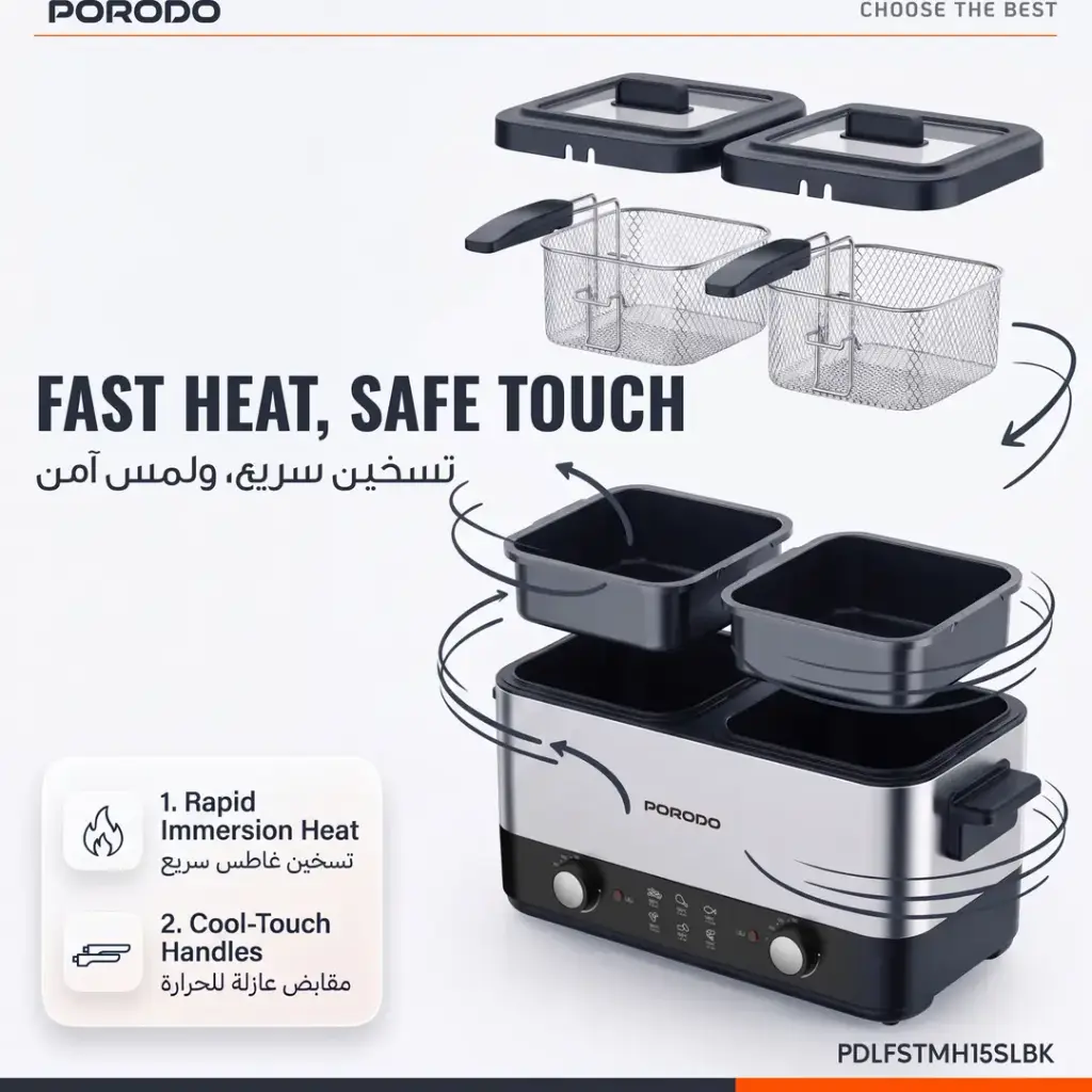 Porodo Lifestyle Dual Crispo 2 Ã— 1.5L Electric Deep Fryer - Silver & Black - View 2