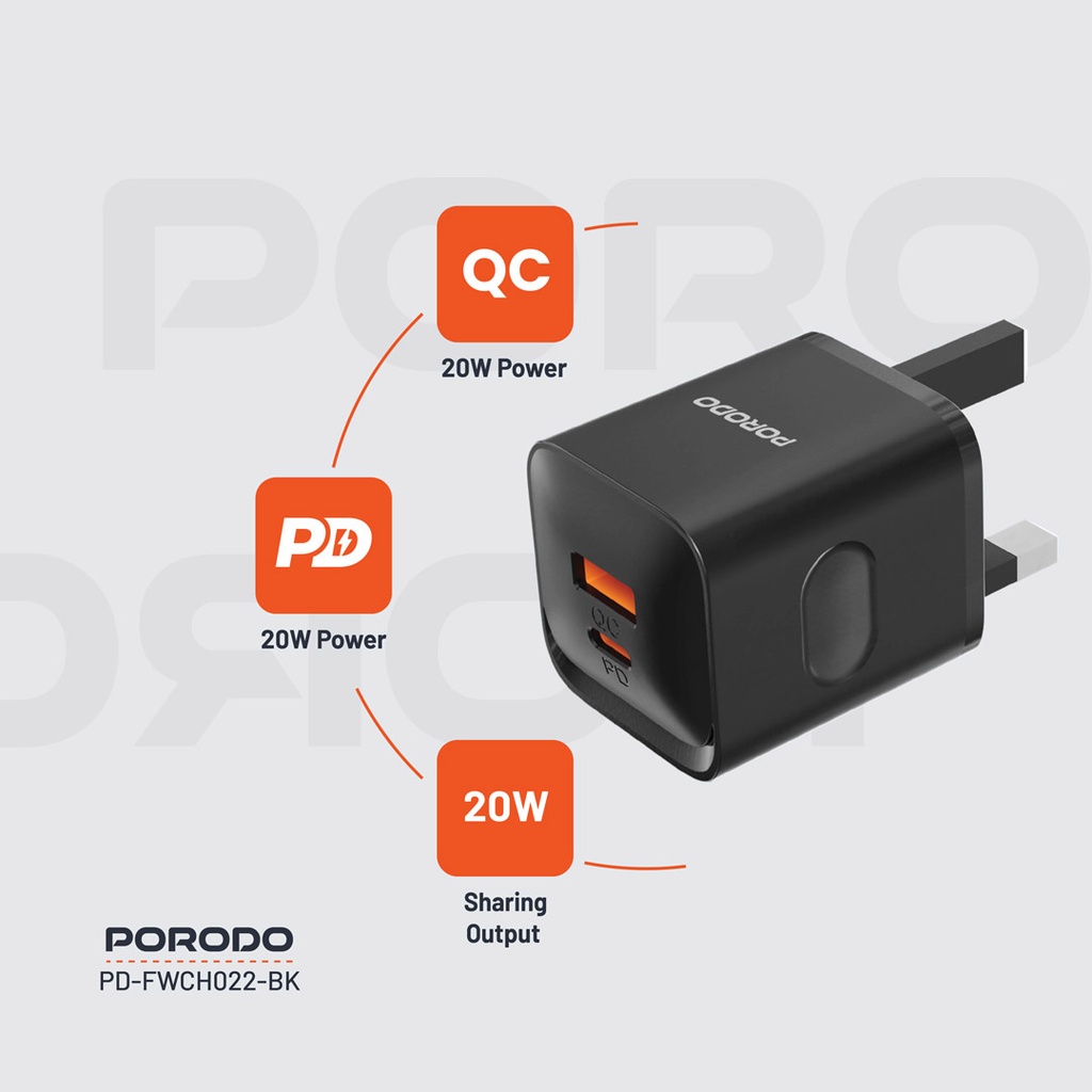 Porodo PD & QC 20W UK Wall Charger - Black - View 3